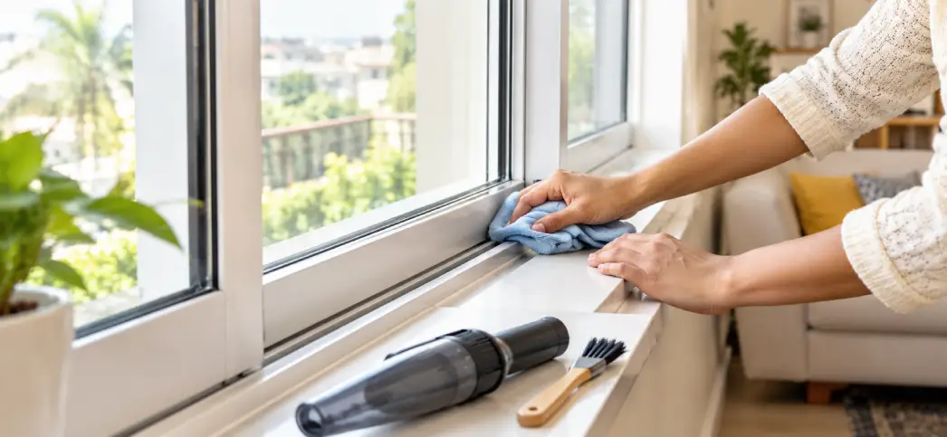 Hands cleaning the track of a white sliding window as part of aluminium window maintenance at home
