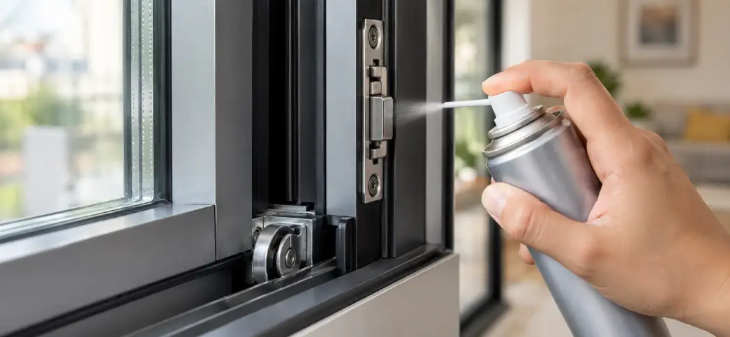 Technician checking a window seal on an office building for aluminium window maintenance
