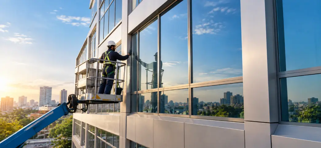 Spraying silicone on a window roller and lock during aluminium window maintenance